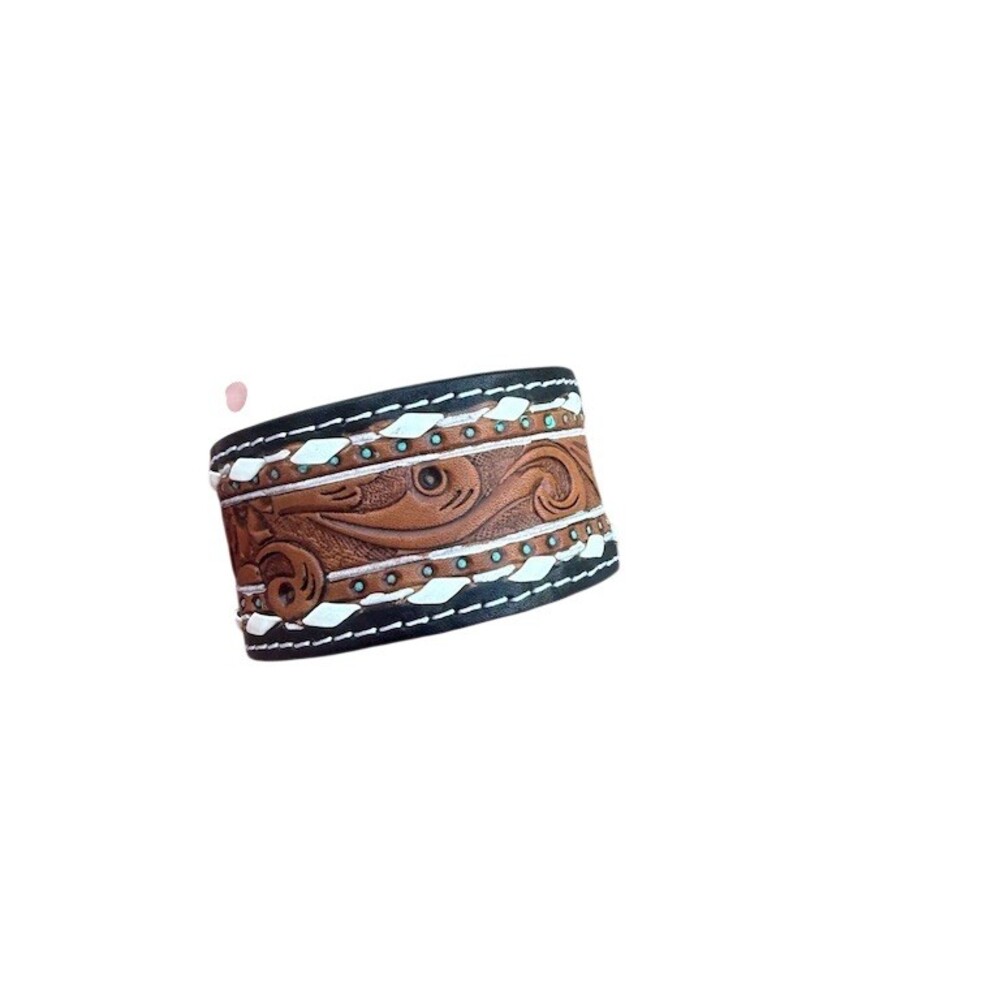American Darling Western Cuff Bracelet Brown Black White Buckstitch 9in tooled